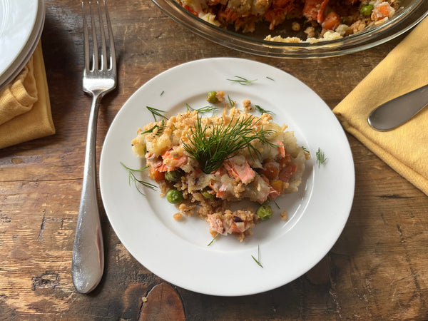 Lightened Up Wild Salmon and Potato Sheperd's Pie with Onesto Everything Crackers 