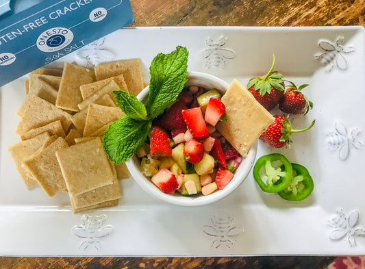 Onesto's Sea Salt crackers served with fresh strawberry and corn salsa: sweet, spicy, crunchy, salty...the perfect snack!