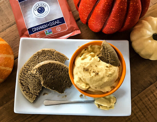 Onesto's gluten-free, wheat-free recipe for Pumpking Mousse is best served with an Onesto gluten-free, vegan, non-GMO and wheat-free Cinnamon and Sugar cookie