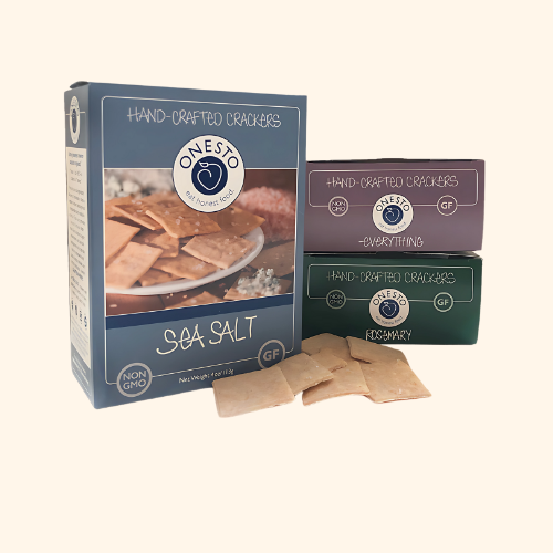 Onesto Gluten-Free Crackers, three boxes, sea salt, rosemary and everything flavors